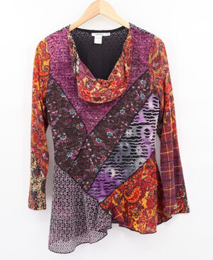 Feratelli M Mesh Patchwork Artsy Long Sleeve Tunic Asymmetrical Top Boho